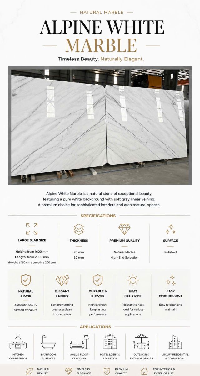 Alpine White | Vietnam Natural Marble Slabs Wholesale & Fabricator, OEM Stone countertop, Vietnam Fabrication factory
