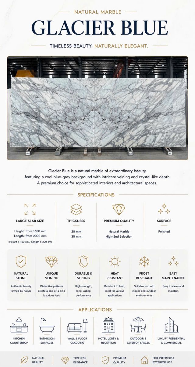 Glacier Blue Natural Marble | Vietnam Wholesaler & Fabricator, Vietnam marble fabricator, countertop fabricator, marble slabs wholesaler, prefabricated countertops supplier